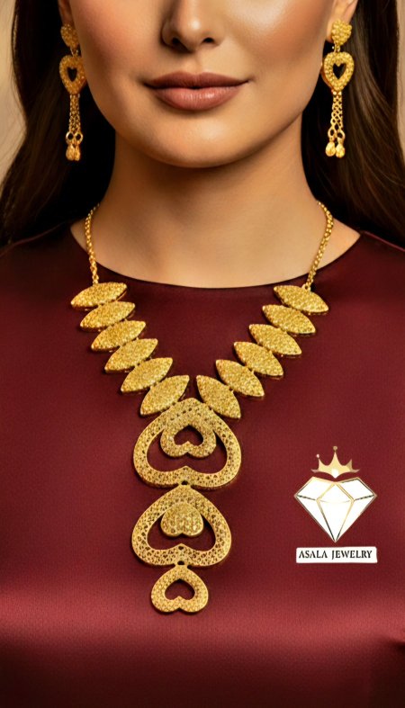 سنسال وحلق قلوب فاخر بديل الذهب – تصميم أنثوي مطابق للذهب تماماً