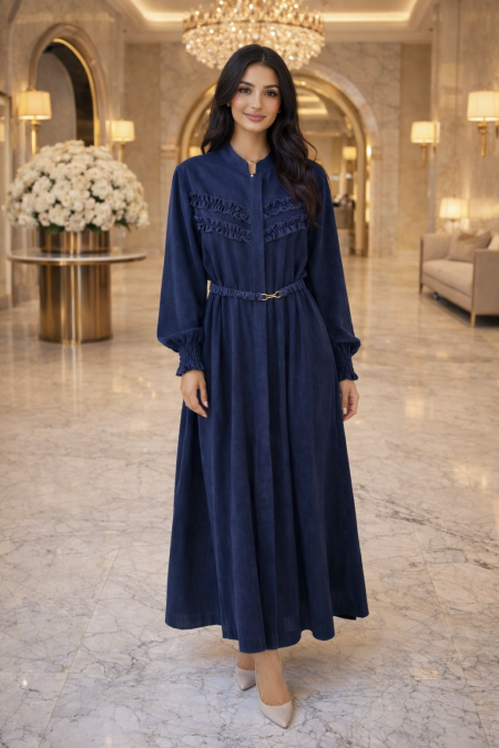 فستان ميدي بتفاصيل كشكش وحزام أنيق