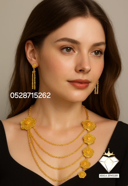 طقم مجوهرات بديل الذهب – تصميم زهور متدلية بأناقة ذهب 21 فاخر