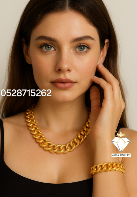 طقم بديل الذهب – عقد وإسوار سلسلة  جنزير عريضة فاخرة