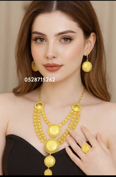 طقم بديل الذهب – عقد وأقراط وخاتم بتصميم عملات كلاسيكي فاخر