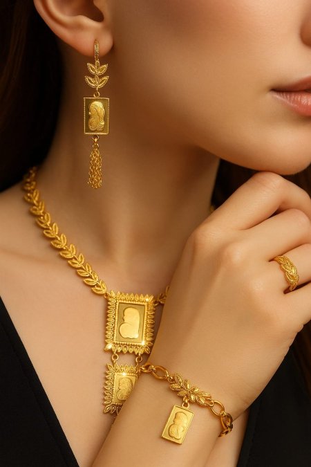 طقم عقد وأقراط وإسوارة بتعليقات مستطيلة منقوشة