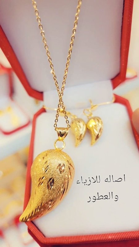 المنتج: طقم مجوهرات ذهبية ناعمة (عقد مع قلادة على شكل ريشة/ورقة + أقراط).