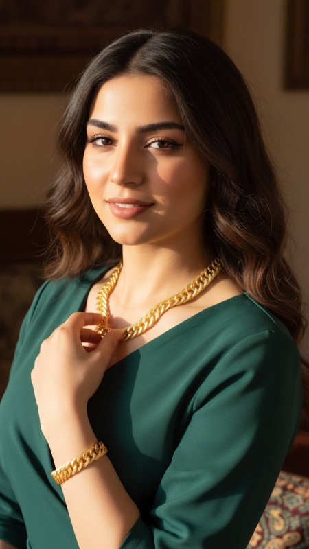 طقم ذهب (قلادة/طوق وسوار) بتصميم جنزير عريض.